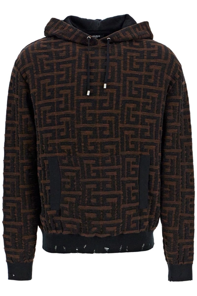 Shop Balmain Hooded Monogram Sweatshirt In Brown