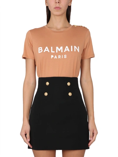 Shop Balmain Gold Logo And Button T-shirt In Brown