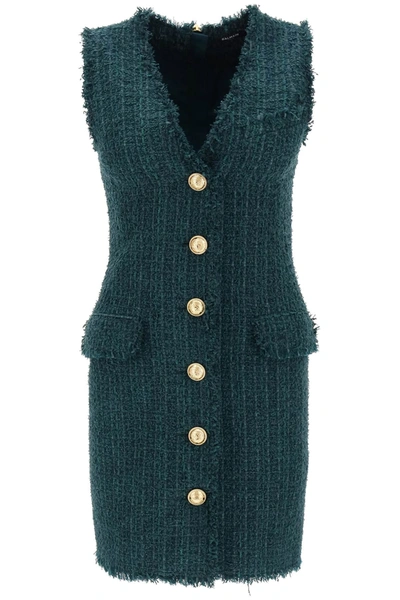 Shop Balmain Mini Dress In Tweed In Cx Vert Fonce