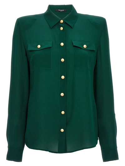 Shop Balmain Green Crepe De Chine Shirt In Cx Vert Fonce