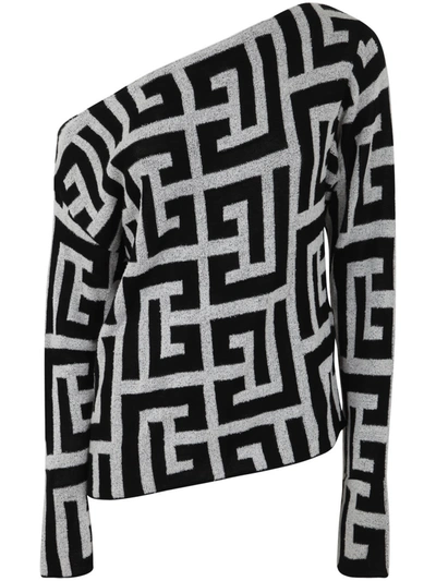 Shop Balmain Monogrammed Asymetric Sweater In Gab Blanc Noir