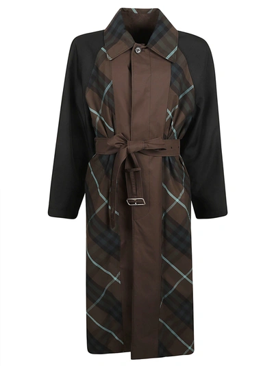 Shop Burberry Check Belted Long Coat In Green