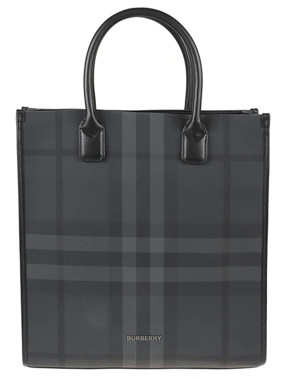 Shop Burberry Round Top Handle Checked Tote In Grey