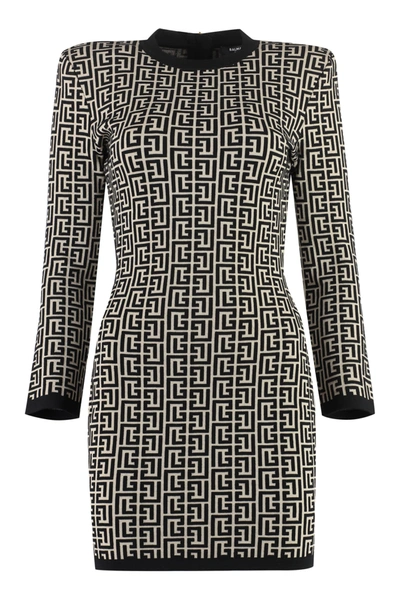 Shop Balmain Geometric Jacquard Wool Dress In Ivory