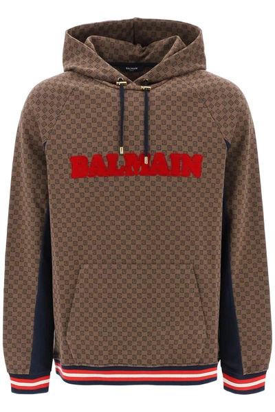 Shop Balmain Brown Cotton Blend Sweatshirt In Marron/marine/rouge