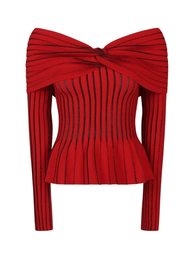 Shop Balmain Long Sleeeves Off Shoulders Knotted Knit Top In Mbt Rouge Noir Irise