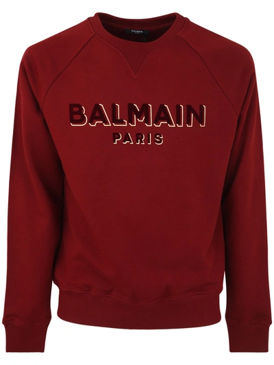 Shop Balmain Flock And Foil Sweatshirt In Mdq Rouge Fonce Bordeaux Or
