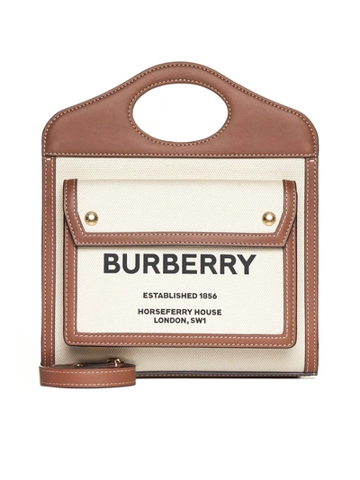 Shop Burberry Mini Two-tone Canvas And Leather Pocket Bag In Natural/malt Brown