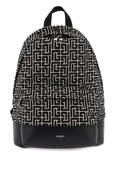 Shop Balmain Backpack In Black And Ivory Jacquard With Maxi Monogram In Nero