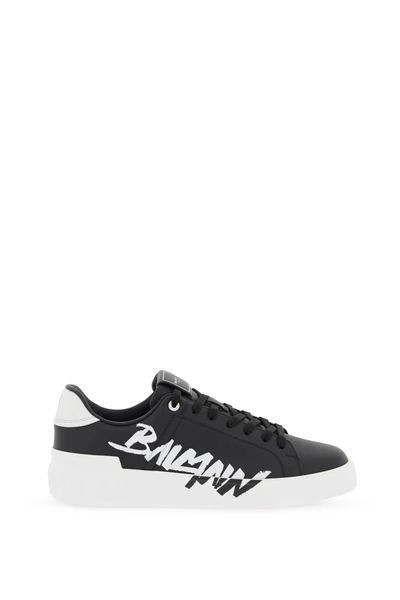 Shop Balmain Leather B-court Sneakers With Logo Print In Noir