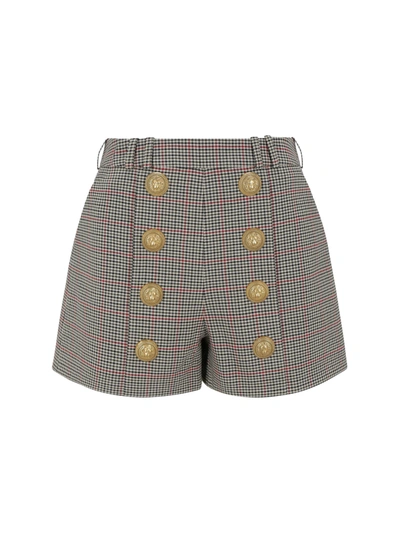 Shop Balmain Prince Of Wales Shorts In Noir/ivoire/rouge