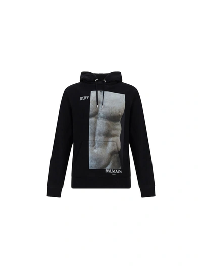Shop Balmain Cotton Hoodie Sweatshirt In Noir/multi-gris