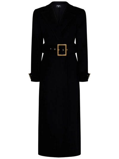Shop Balmain Long Coat With Belt In Pa Noir