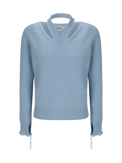 Shop Fendi Cut Out Sweater In Prisca/azzurro