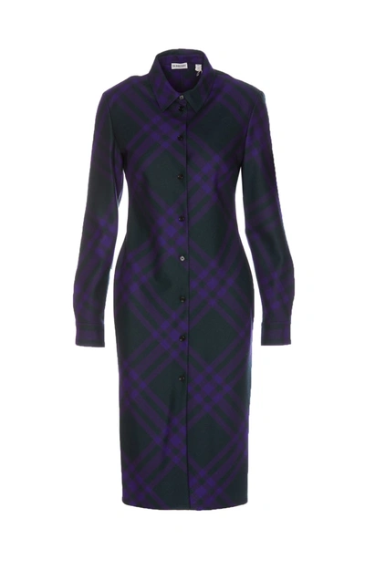 Shop Burberry Long Sleeved Checked Shirt Dress In Purple