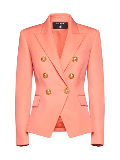 Shop Balmain Double Breast Blazer Jacket With Logo Buttons In Saumon