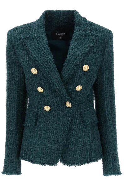 Shop Balmain 6 Buttons Jacket In Green Tweed In Verde