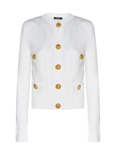 Shop Balmain Knit Cardigan With Gold Buttons In White
