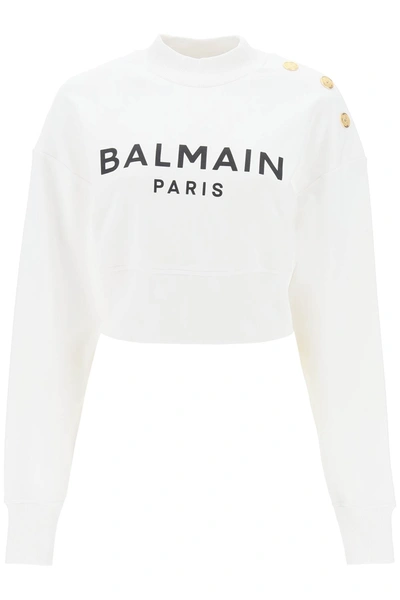 Shop Balmain Logo Cropped Sweatshirt In White