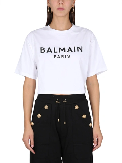 Shop Balmain Logo Print Cropped T-shirt In White