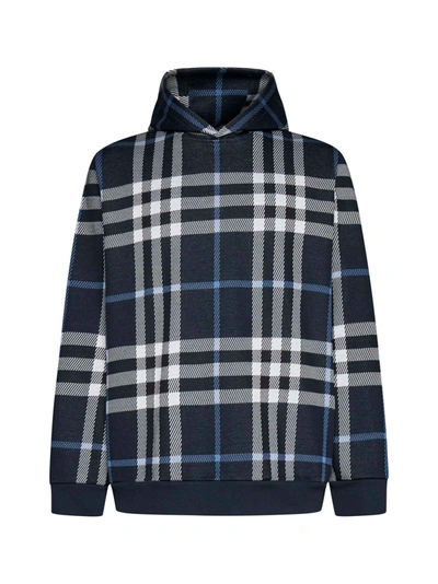 Shop Burberry Blue Hoodie With All-over Vintage Check In Cotton Man In White/dc Blue Ip Chk