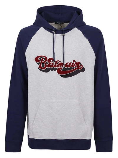 Shop Balmain Hoodie With Logo In Ygy Gris Chine Marine Rouge Fonce