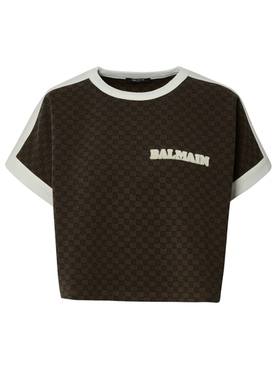 Shop Balmain Brown Cotton Blend T-shirt