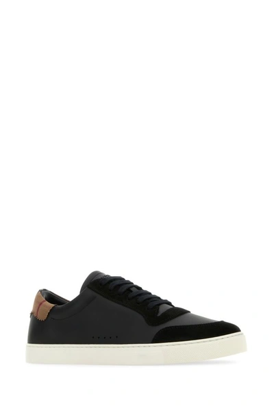 Shop Burberry Man Black Leather Sneakers