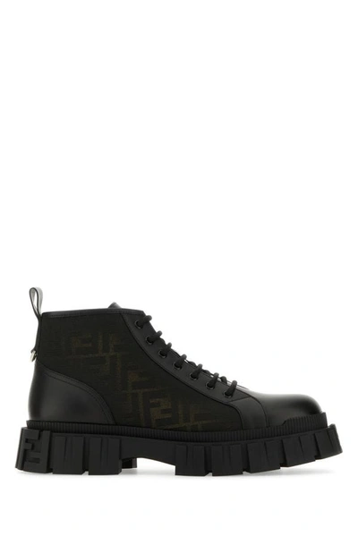 Shop Fendi Man Two-tone Leather And Fabric  Force Ankle Boots In Multicolor