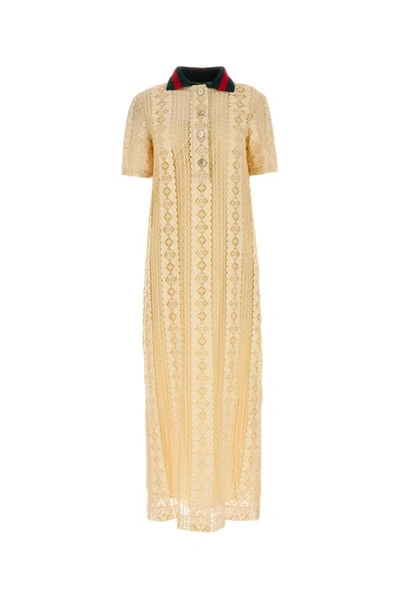 Shop Gucci Woman Cream Lace Dress In Yellow