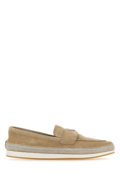 Shop Prada Man Sand Suede Loafers In Brown