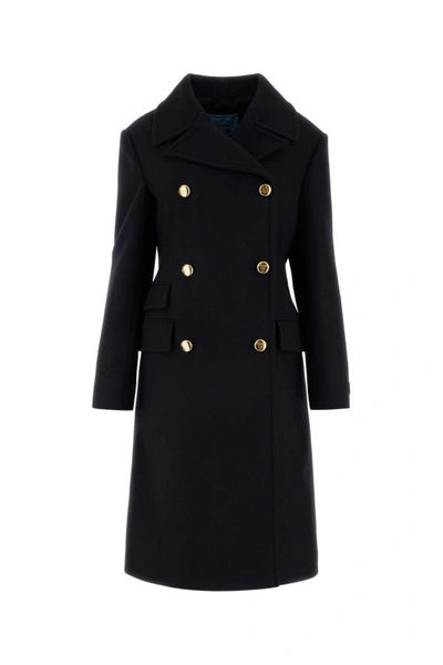 Shop Prada Woman Dark Blue Wool Coat