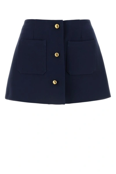 Shop Prada Woman Navy Blue Wool Blend Mini Skirt