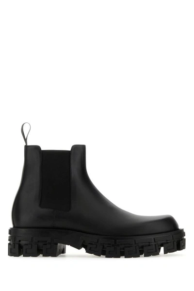 Shop Versace Man Black Leather Greca Portico Ankle Boots