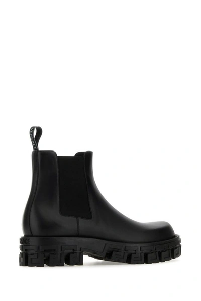 Shop Versace Man Black Leather Greca Portico Ankle Boots