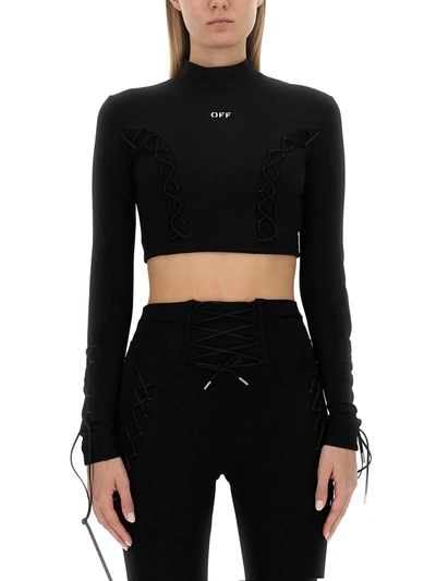 Shop Off-white Lace-up L/s Turtleneck Top In Black/white