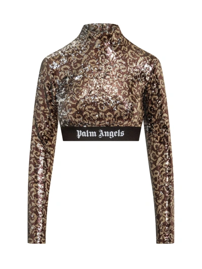 Shop Palm Angels Logo Tape Sequins L/s Top In Brown