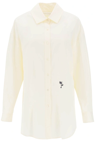 Shop Palm Angels Shirt With Embroidered Logo In Butter Black (white)