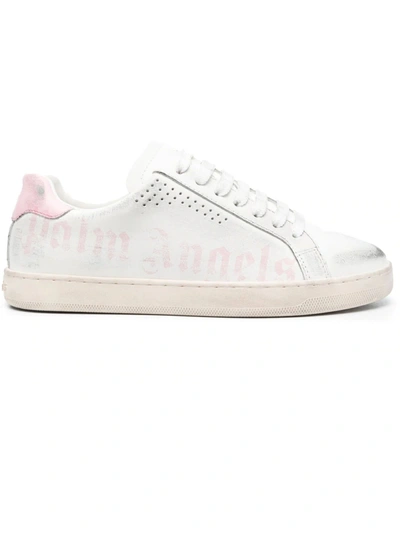 Shop Palm Angels Logo Printed Distressed Lace-up Sneakers In Bianco+rosa