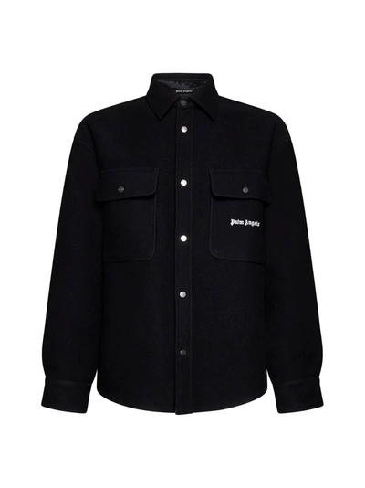 Shop Palm Angels Black Wool Overshirt With Logos