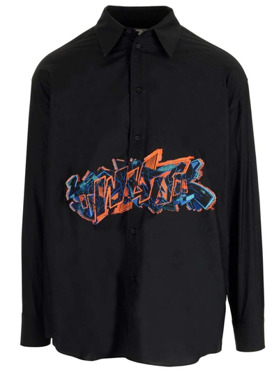Shop Off-white Black Shirt With Embroidered Graffiti In Black Fluo Orange