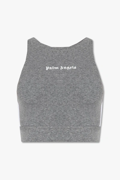 Shop Palm Angels Melange Grey Crop Top With Logo In Grigio
