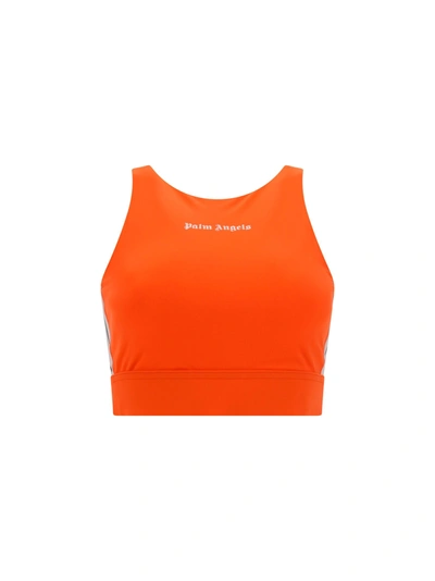 Shop Palm Angels Orange Sports Top With Logo And Side Bands In Contrast In Mock/orange