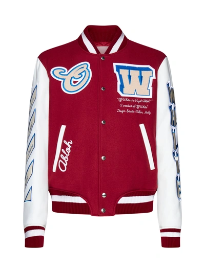 Shop Off-white Varsity Wool-blend Bomber Jacket In Red Off White