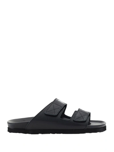 Shop Palm Angels Leather Slides With Logo In Black