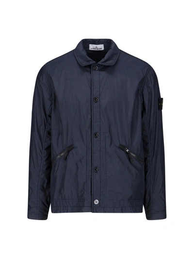 Shop Stone Island Shirt With Snap Buttons, Double Zippered Side Pocket In Blue