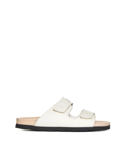 Shop Palm Angels Leather Slides With Logo In Cream