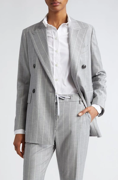 Shop Eleventy Pinstripe Double Breasted Virgin Wool Blend Blazer In Gray