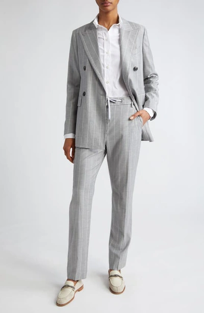 Shop Eleventy Pinstripe Double Breasted Virgin Wool Blend Blazer In Gray