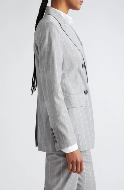 Shop Eleventy Pinstripe Double Breasted Virgin Wool Blend Blazer In Gray